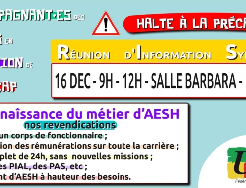 Réunion d’Information Syndicale Spéciale AESH – 16 dec – 9h – 12h – Le Mans – salle Barbara